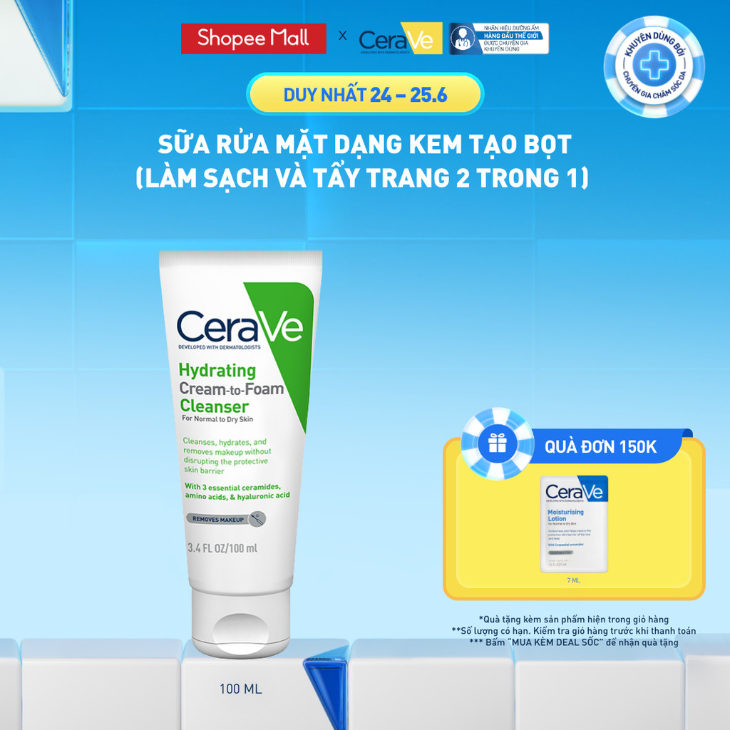 Sữa rửa mặt CeraVe dạng kem tạo bọt (làm sạch và tẩy trang 2 trong 1) Hydrating Cream-to-Foam Cleanser 100ml