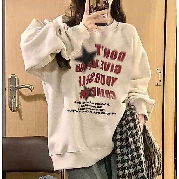 Focus local brand fashion vintage xám ngôi sao cổ tròn áo nỉ nữ dày sweater bigsize unisex levents 1