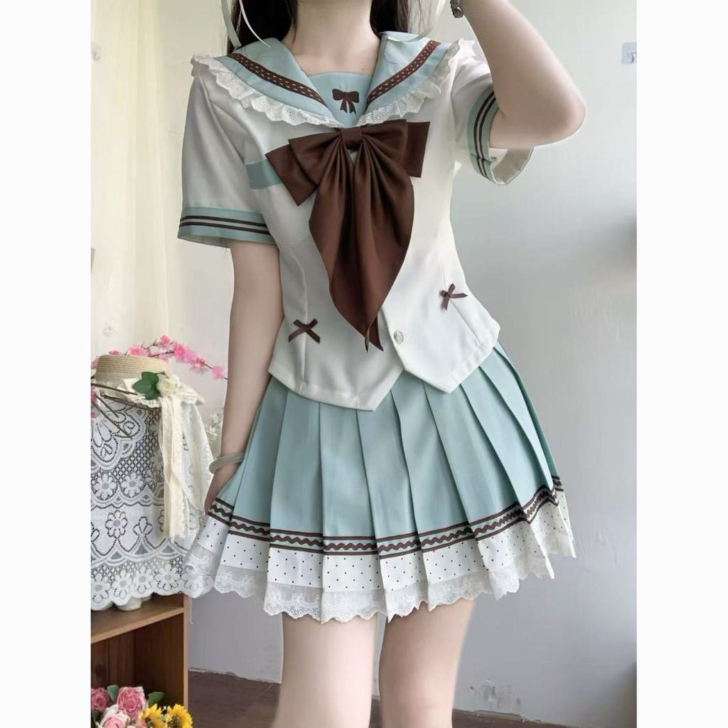 Mèo Thần Kỳ JK Đồng phục thủy thủ chính hãng【Ca cao Matcha】Bộ đồ thủy thủ mới có viền ren và nơ