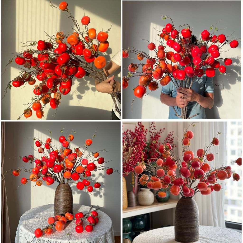 Cành Quả Hồng Giả cao cấp Nhập Khẩu Loại 1 Bền Màu, Dùng Để Trang Trí Nhà Cửa Decor Decor Phòng quả 