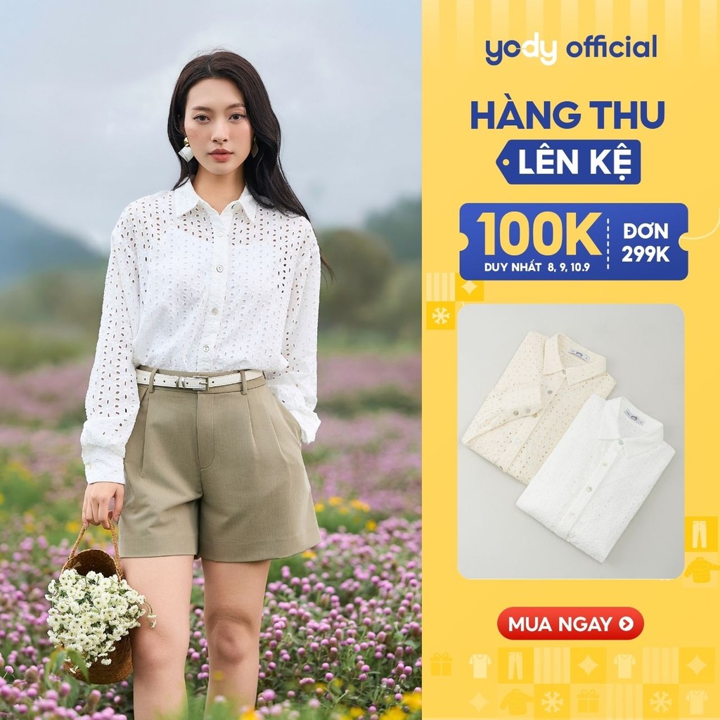 [Đồng giá] Áo sơ mi dài tay nữ YODY vải linen họa tiết ren thêu dáng rộng tinh tế, năng động thoáng mát WOSH25S040