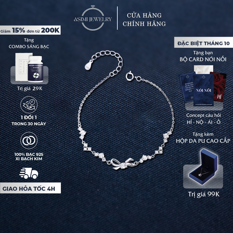 Lắc tay bạc nữ nơ Charmélia Asimi, lắc tay bạc Ý S925, lắc tay bạc ý S925 lấp lánh tinh tế Charmélia