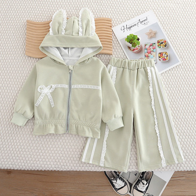 Set Thu Đông Áo Khoác Tai Thỏ Quần Ống Rộng Viền Ren Bé Gái 1-8 Tuổi MINTSCLOSET Quảng Châu - GA2444