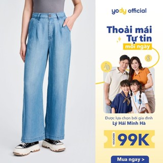 Quần Jean Nữ Giấy YODY chất liệu Tencel, dáng suông, có ciết ly, cạp chun phía sau TRA - QJN7062
