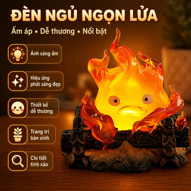 【SKISOPGO】Mô hình kèm đèn ngủ Calcifer 13cm có đèn LED cực đẹp,Tượng Nhựa Resin Trang Trí,Mô hình ng