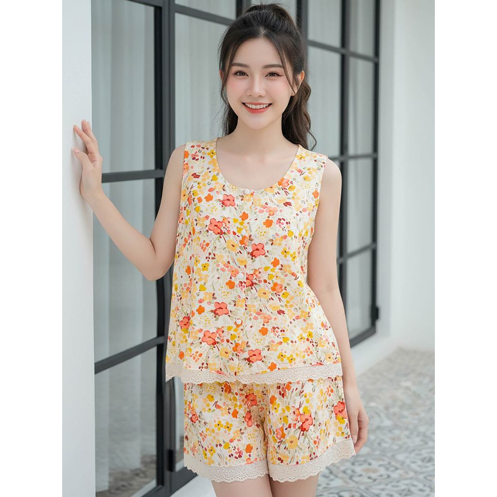 Bộ đồ mặc nhà nữ CARDINA chất liệu lanh sát nách đùi cổ tròn gấu ren 6BLN04