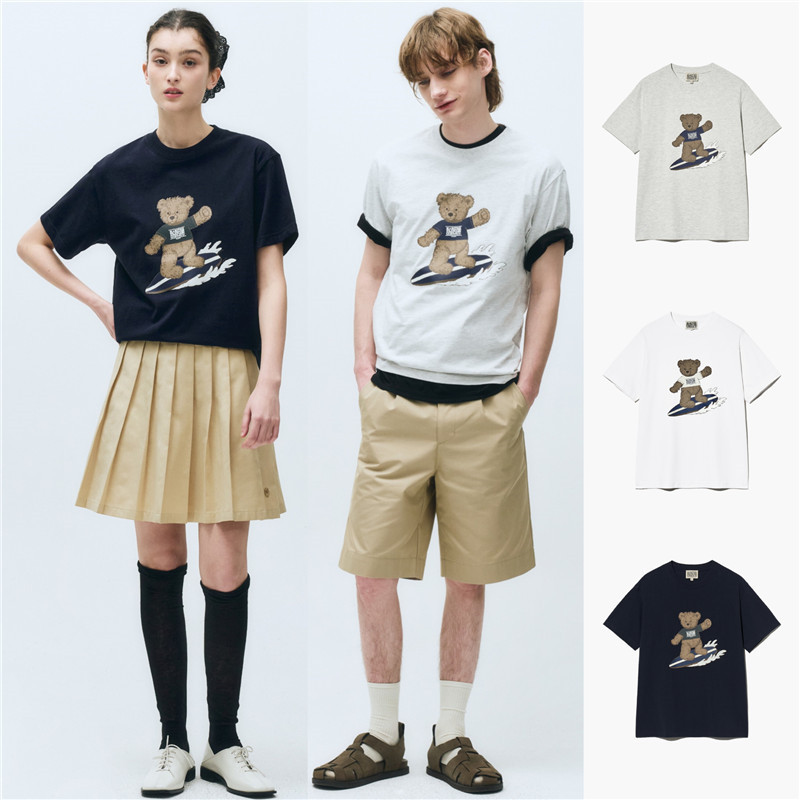 EJAL 2025Spring and summer Korean style mar*Surfing Graffiti Bear Cartoon Print Loose-Fit Short Slee