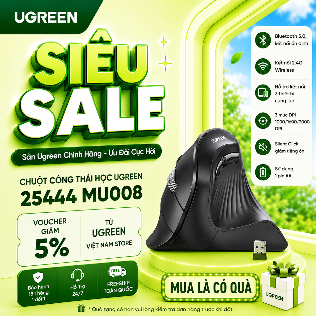 Chuột công thái học Ugreen 25444 MU008, Bluetooth 5.0 + USB 2.4GHz, DPI 1000/1600/2000/4000 Pin AA | BigBuy360 - bigbuy360.vn