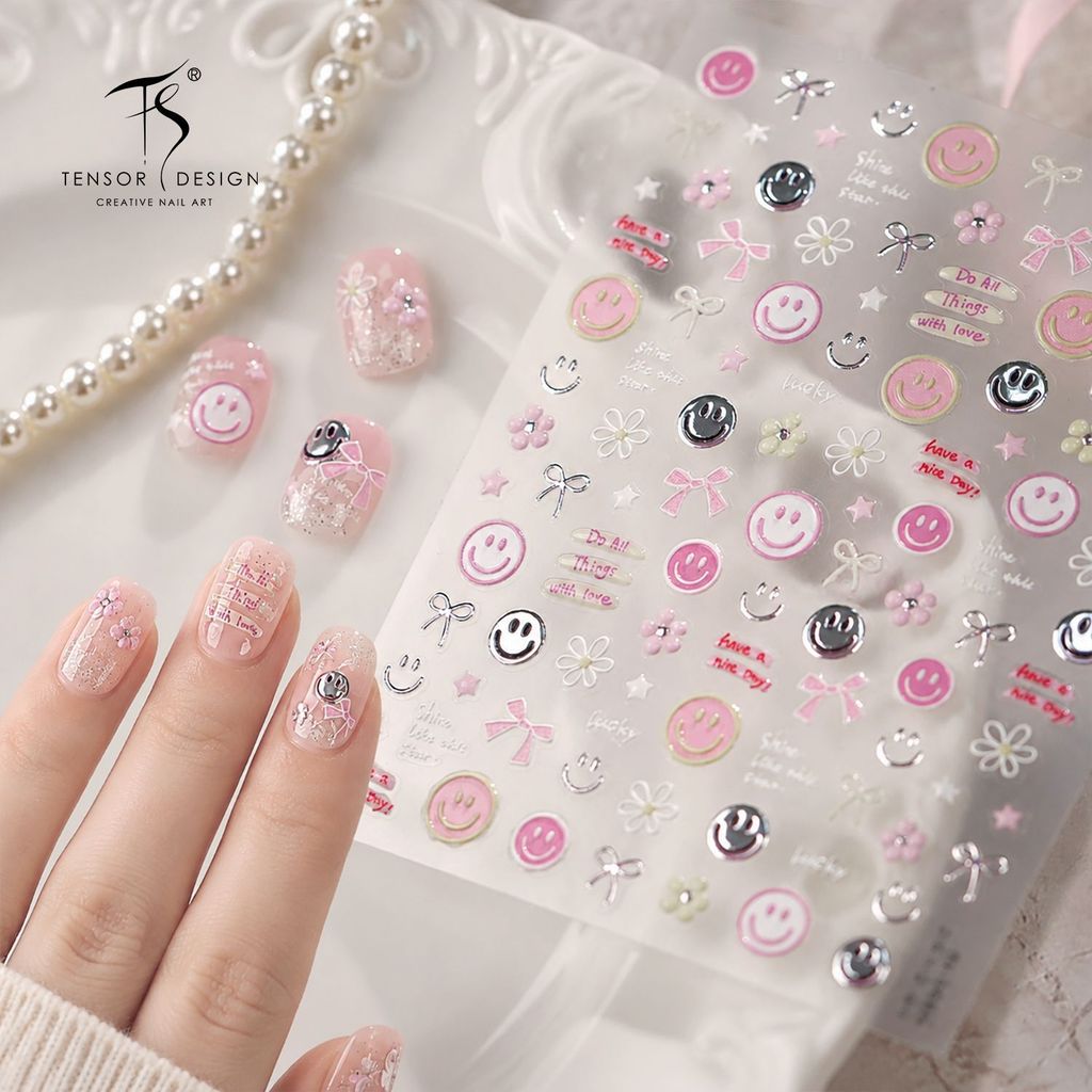 [Meow.Sensei] Iron Sweet Girl Style Cream Smiley Nail Sticker M-1485 Sweet Cool Cute Smiley Bow Nhãn