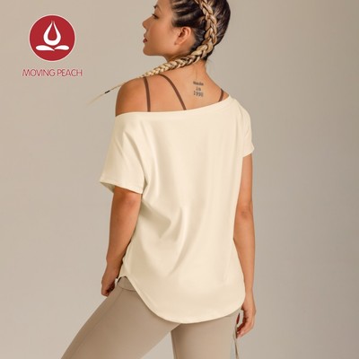 MOVING PEACH Nữ 2 Chiều Rời Vai Yoga Áo Thun Rời Dơi Tay Ngắn Cong Viền Thoáng Khí Tập Luyện Thể Thao Top Phòng Tập Gym Khiêu Vũ Mặc Hàng Ngày BTL