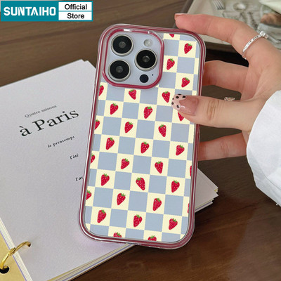 Ốp Điện Thoại Suntaiho Thẩm Mỹ Tươi Dâu Checkerboard Họa Tiết IDM Cứng Cao Cấp Chống Sốc Vỏ Cho iPhone 11 12 13 14 15 16 Pro Max IP