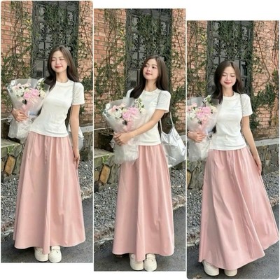 SET Áo Váy Bigsize Nữ Nàng Thơ Áo Babytee ôm body Kèm Chân Váy Dài Bồng Xòe Nữ Tính SET842
