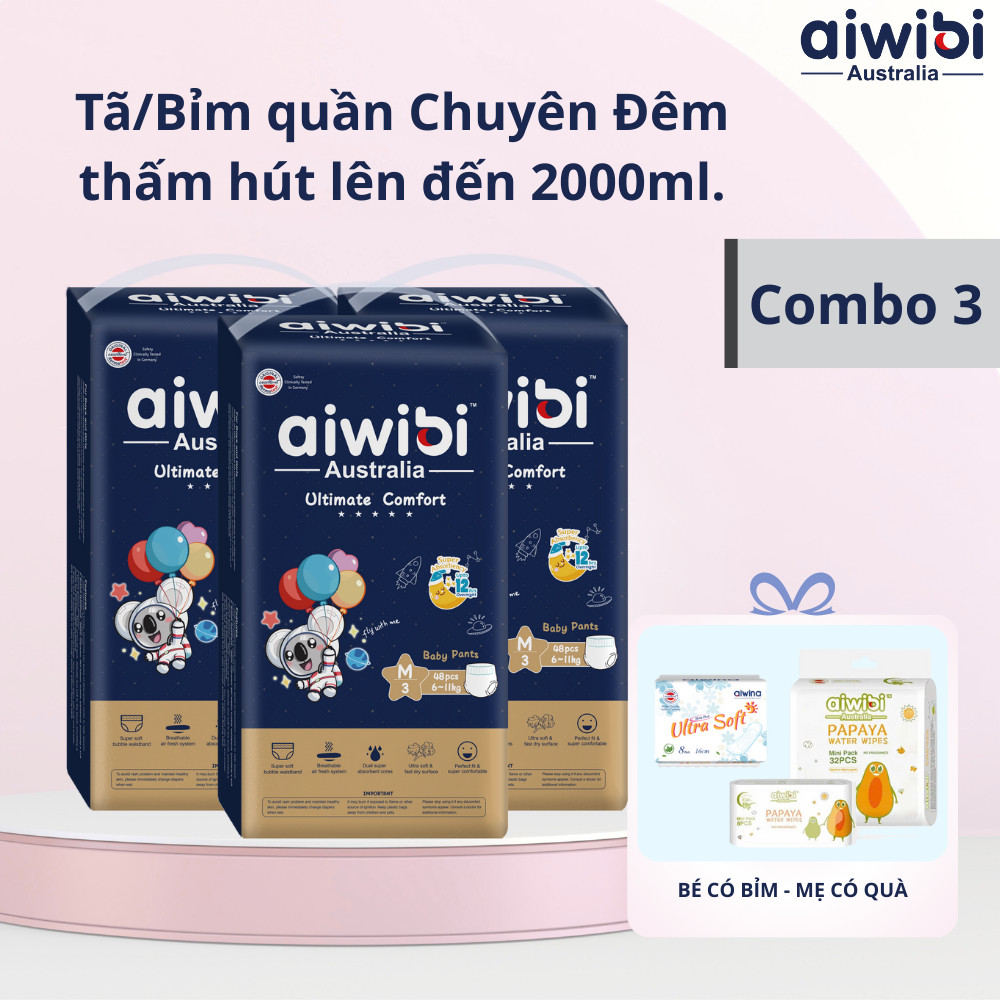 [Combo 3] Tã/Bỉm quần cao cấp chuyên ban đêm Ultimate Comfort AIWIBI -Thấm hút vượt trội