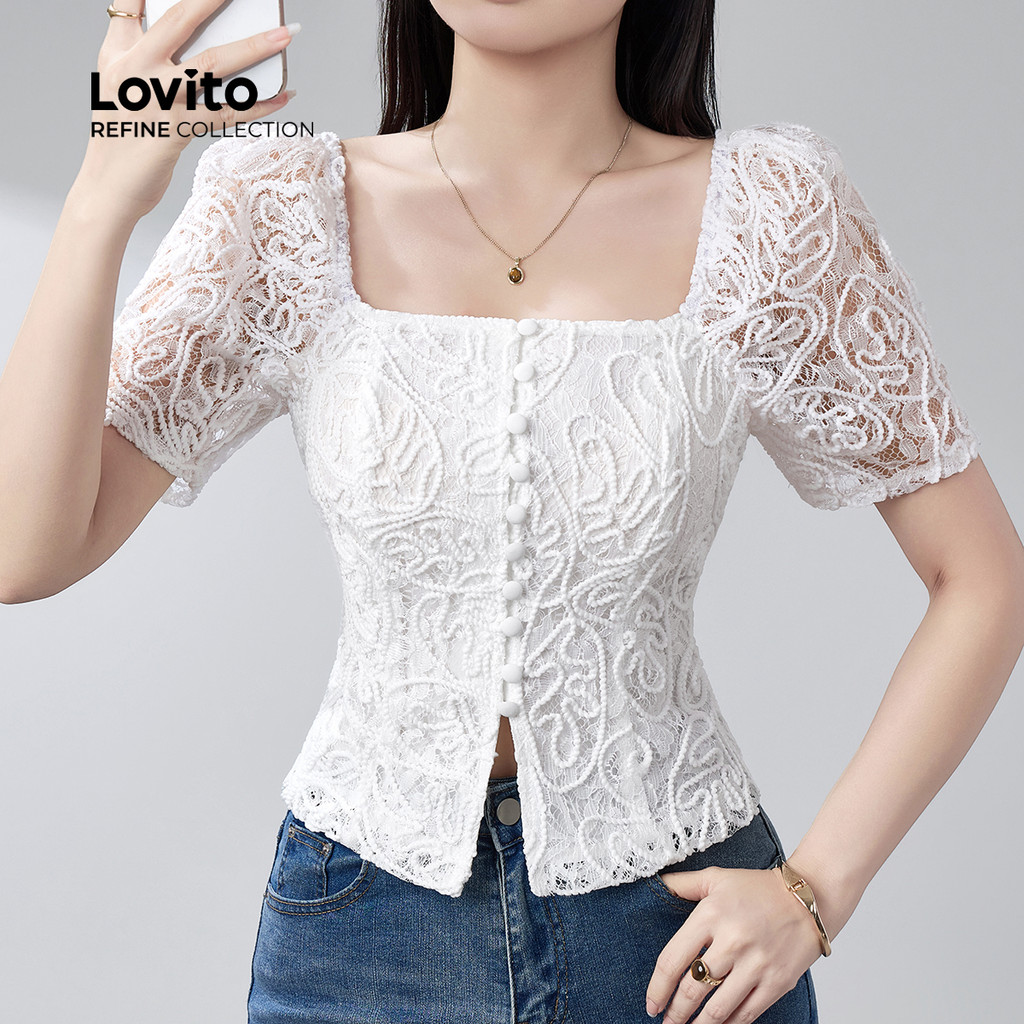 (Lovito Refine) Áo sơ mi bóp cúc ren thêu họa tiết thanh lịch mùa Xuân/Hè áo sơ mi trắng cho phụ nữ 