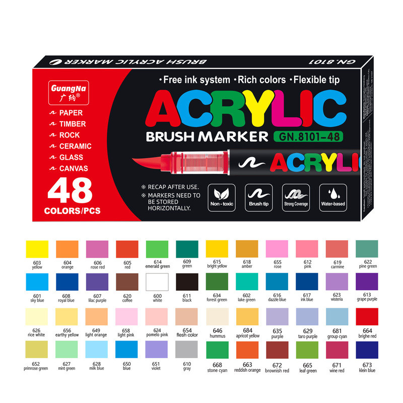 Guangna 8101 Bút đánh dấu đầu mềm Acrylic lỏng thẳng 48 màu Bộ bút xếp chồng tranh