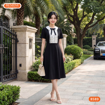 Đầm thiết kế BEMINE cổ sen phối bèo tơ voan dáng chữ A phù hợp đi làm-B589