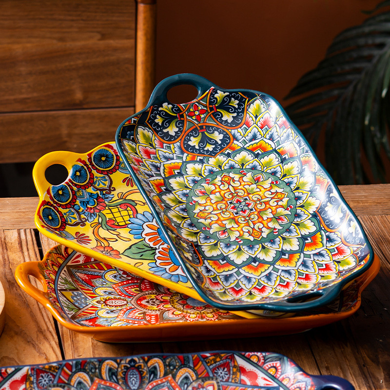 Bohemian Đôi Cắt Cá Đĩa Gốm Hộ Gia Đình Hấp Cá Đĩa Lớn Hình Chữ Nhật Cá Đĩa Ăn Đĩa Đĩa Đĩa Đĩa Đĩa Đ