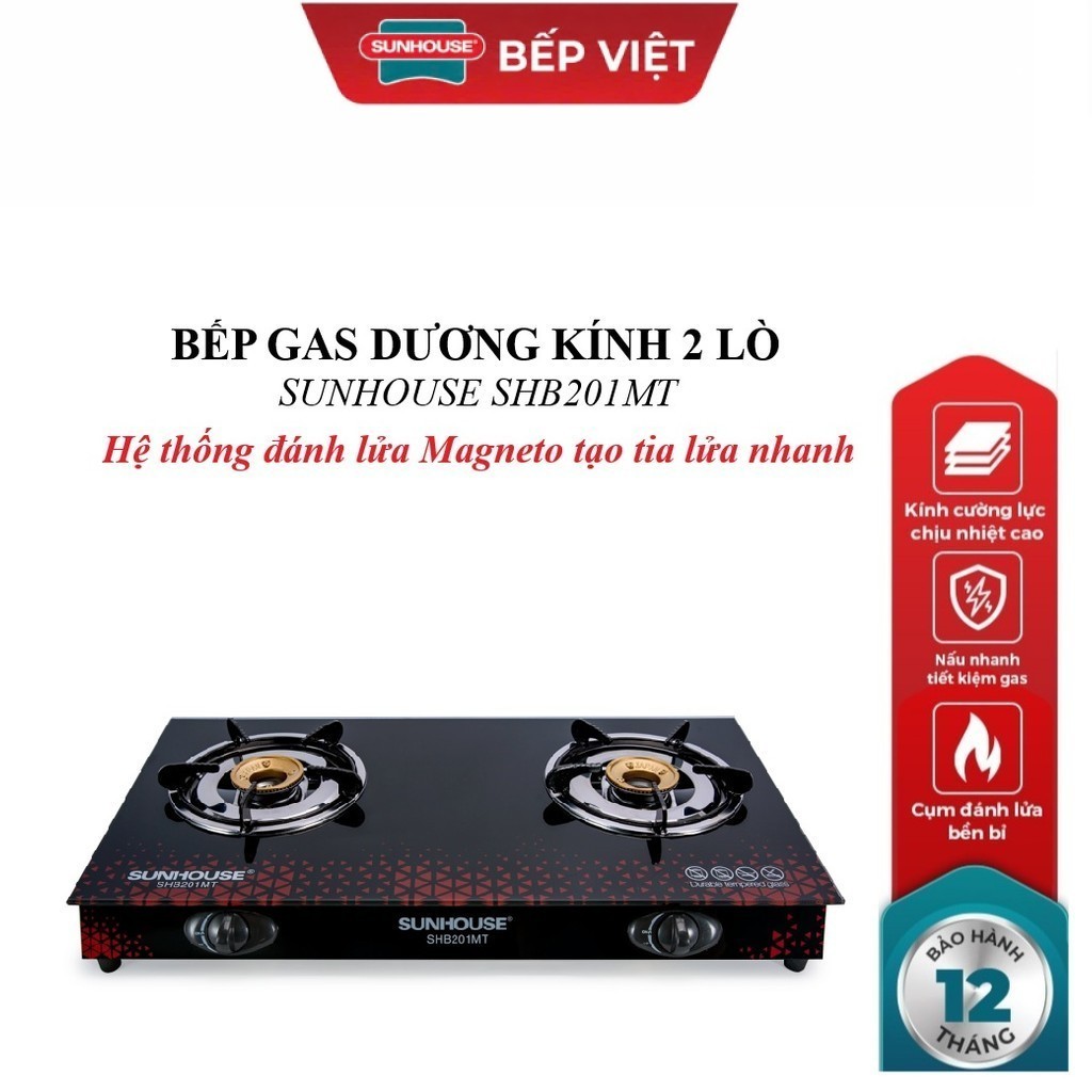 Bếp gas dương kính SUNHOUSE SHB201MT, Hệ thống đánh lửa Magneto tạo tia lửa nhanh, Kiềng bếp độc lập