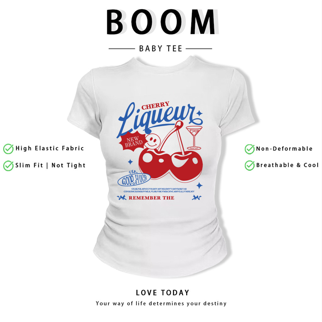 BOOM Áo Baby Tee Nữ Cotton Ôm Body-Áo Thun Ngắn Tay Y2K In Hình PhongCách Mùa Hè, Cổ Tròn Hàng Đầucá