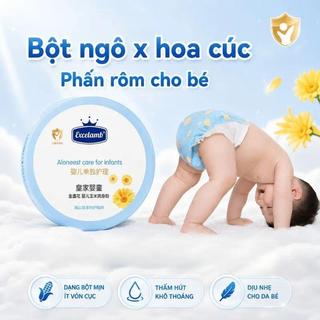 Phấn rôm Excelamb – bột ngô mịn, chiết xuất hoa cúc, hút ẩm tốt, giảm hăm, ngừa rôm. Dùng cho cổ, nách, bẹn trẻ nhỏ
