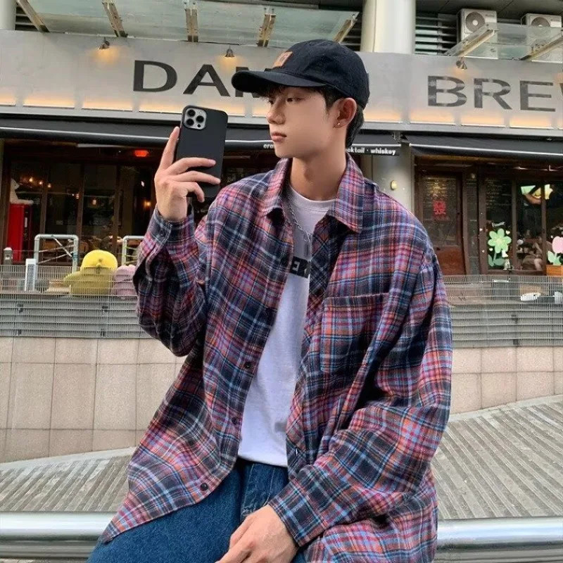 Nam Quá Khổ Đỏ Xanh Kẻ Sọc Flannel Áo Sơ Mi Dài Tay Thường Ngày Dạo Phố Nút Xuống Top