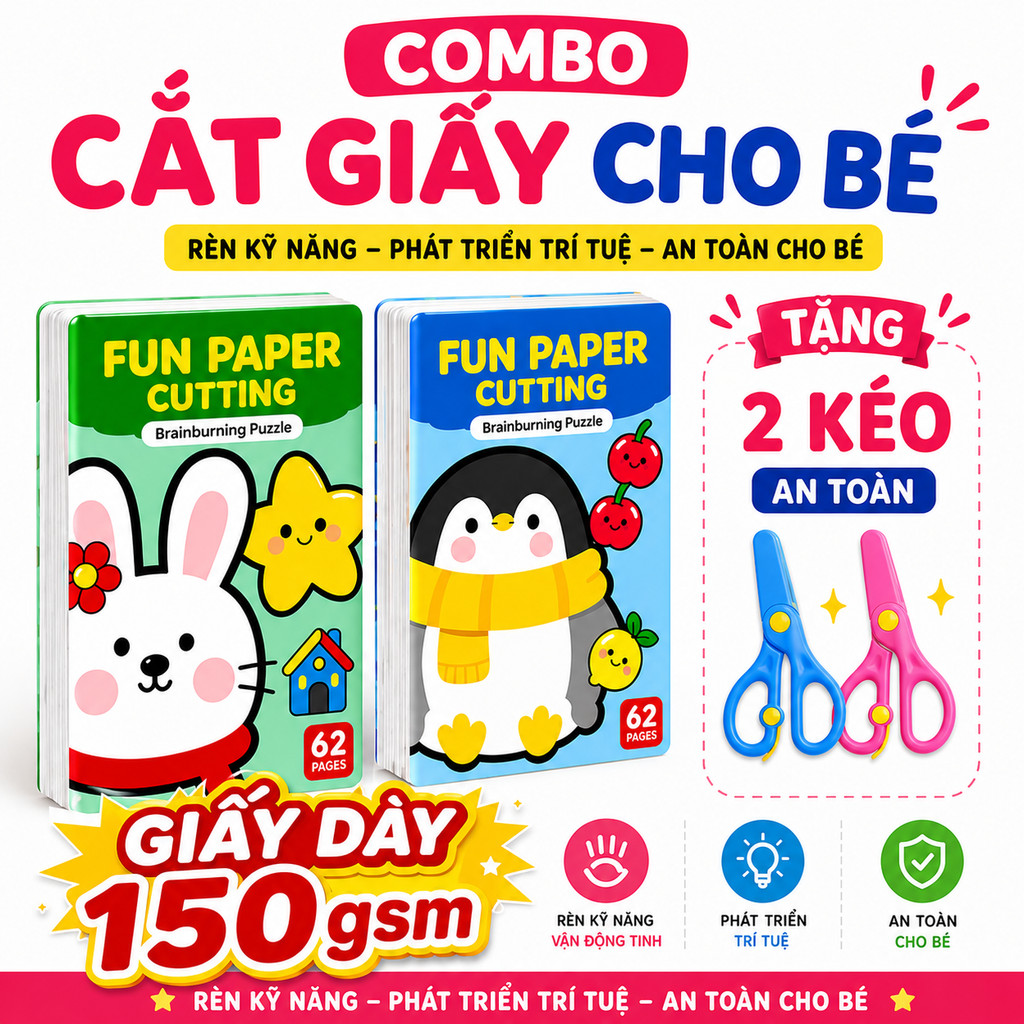 Combo sách cắt giấy thủ công 124 trang cho bé 2+, giấy dày 150gsm dễ cắt, luyện tay khéo