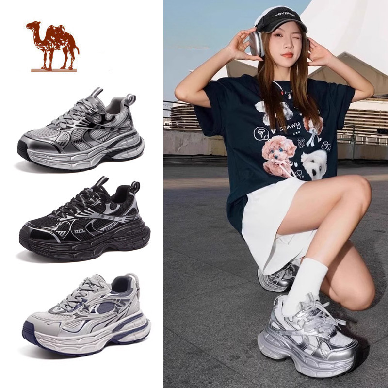 CAMEL CROWN  Giày Bố Màu Bạc Đế Dày Cho Nam Nữ Lưới Tăng Cường Chiều Cao Thường Ngày