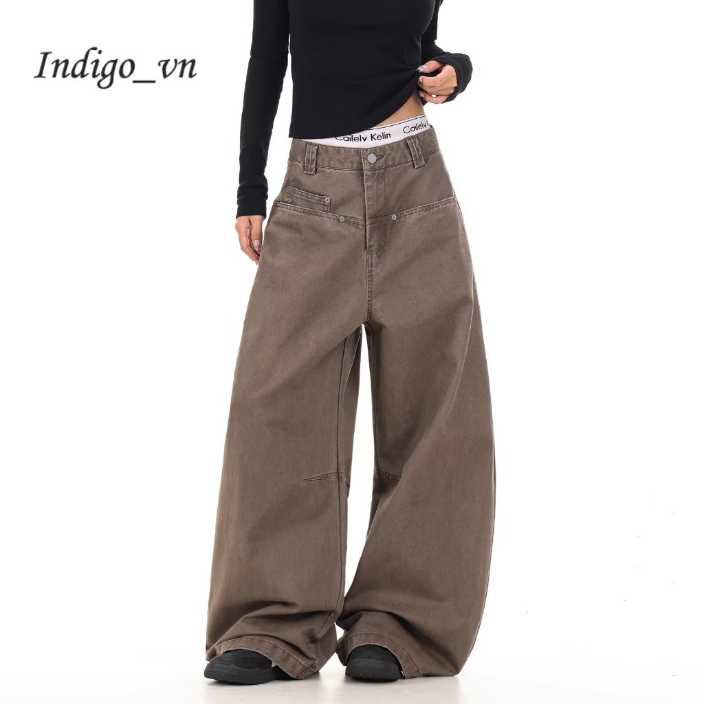 【Indigo】 Quần Jean Ống Rộng Dao Cong Màu Cà Phê Quần Âu Nữ Cạp Cao