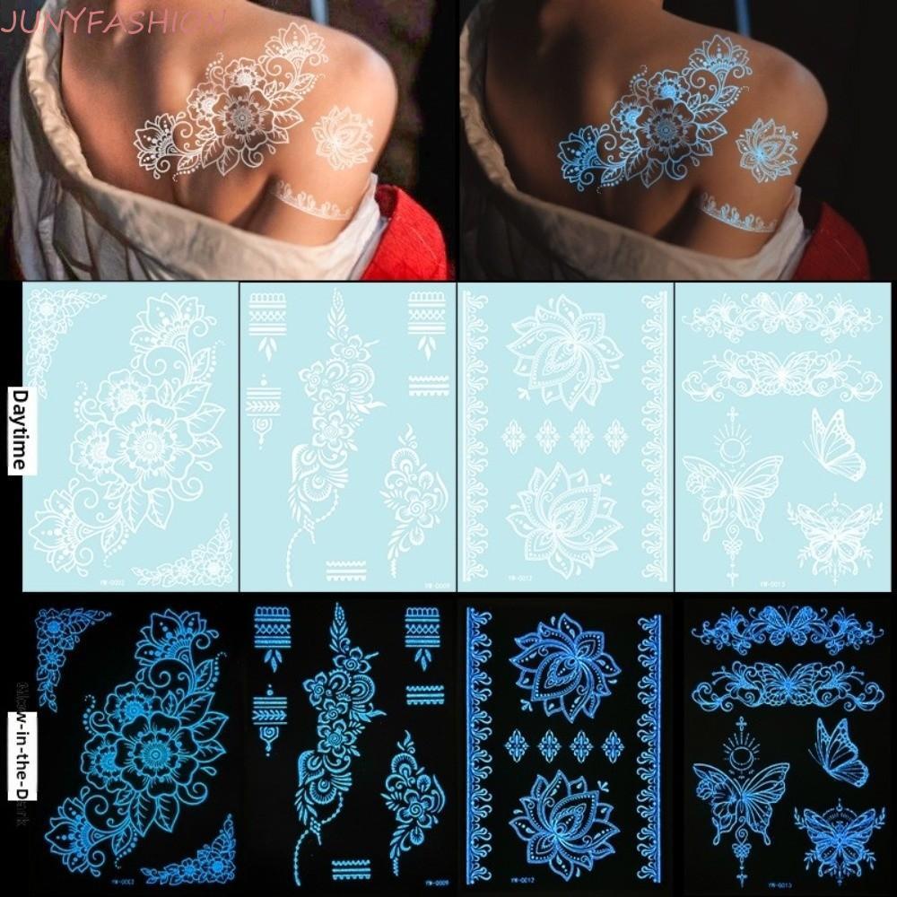 JUNYFASHION Đề Can Hình Xăm Henna Trắng, Cánh Tay Chân Trắng Dạ Quang Henna Hình Xăm, Ren Henna Giả 