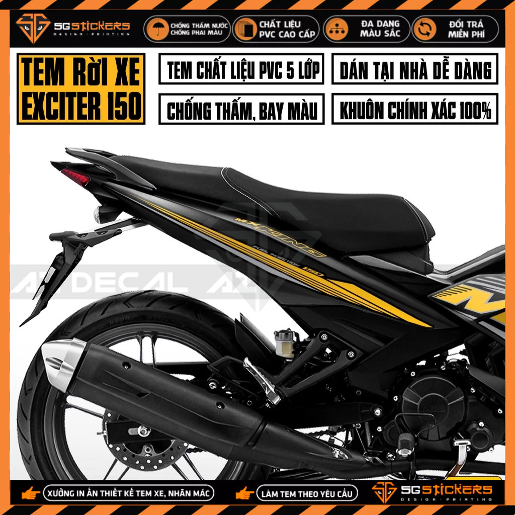 Tem Exciter 150 Đen Vàng | Decal Tem Xe Exciter 150 Chất Liệu PVC Chống Thấm Nước, Chống Bay Màu