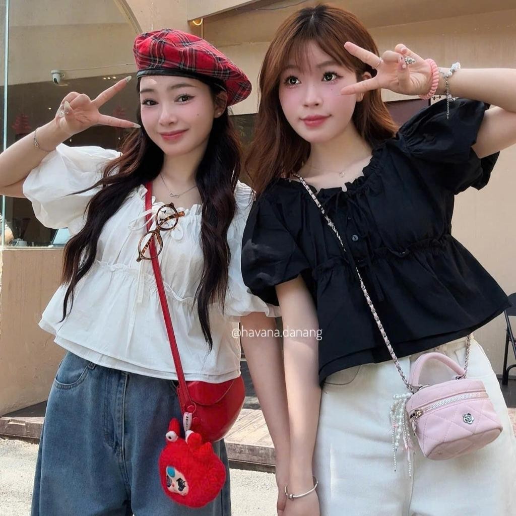 Áo babydoll nhún cổ phối bèo tay bồng Hàn Quốc #537  AO412