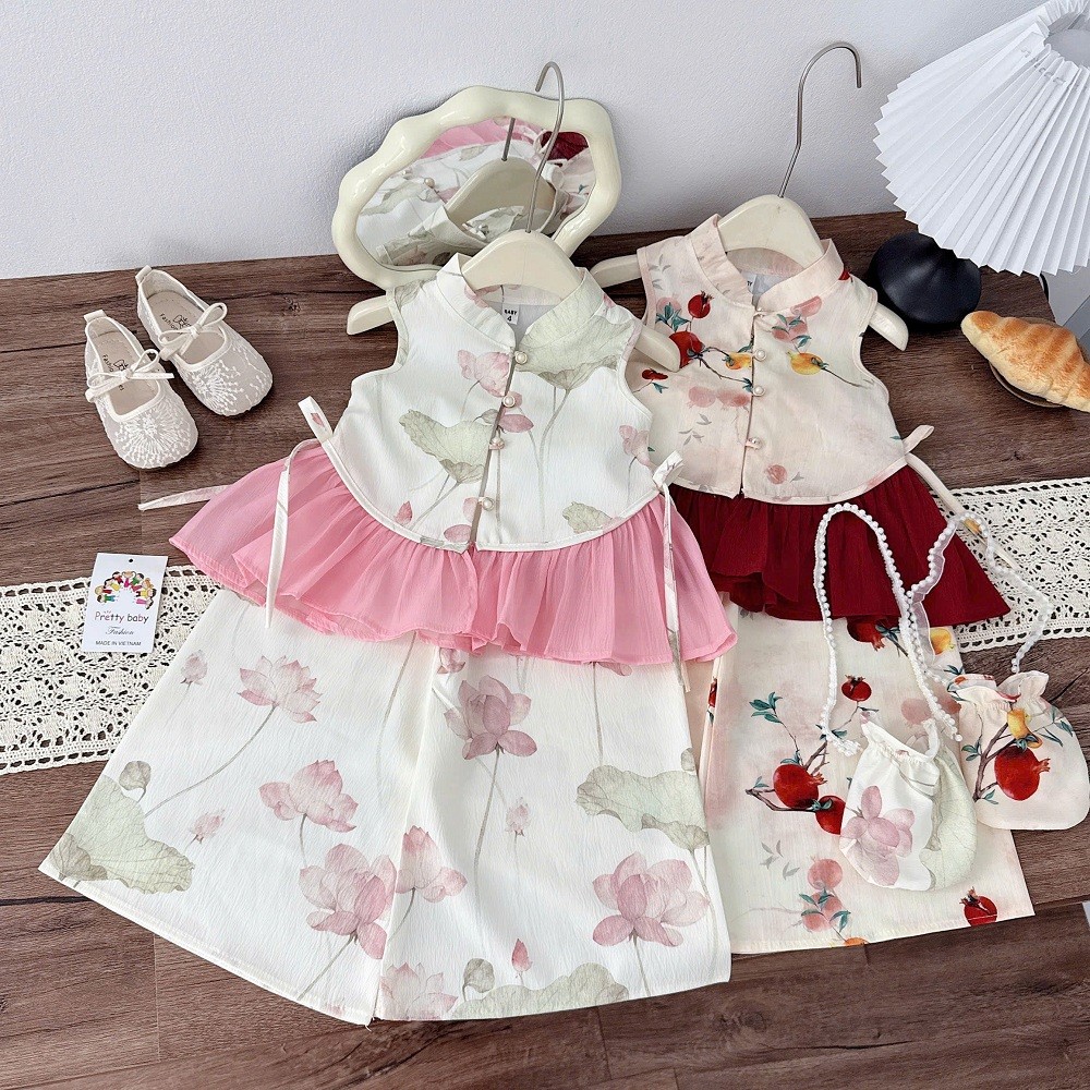 Sét yếm trung thu cho bé gái BERNIER HÀN QUỐC 10-30kg, sét đồ bé gái yếm+quần chất tơ lụa, bộ bà ba