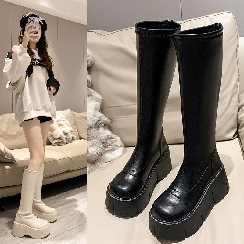 Giày Bốt Đế Dày Giày Nữ Phong Cách Mới Bán Chạy Lông Cừu Rider Boots Cao Cổ Trắng Mỏng