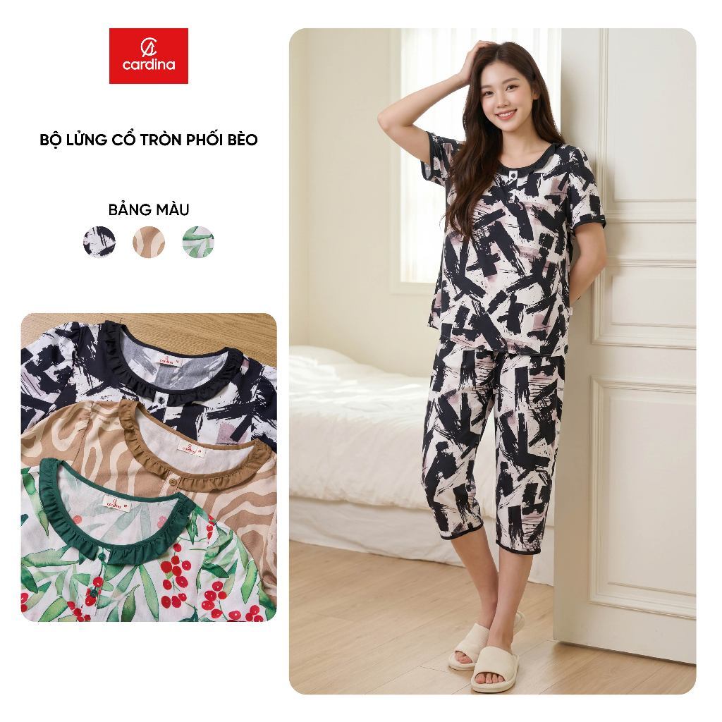 Bộ đồ mặc nhà nữ CARDINA chất liệu lanh áo cộc phối bèo và quần lửng 6BLL06