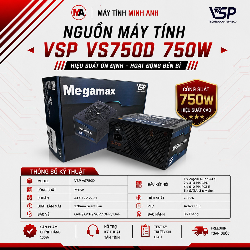 Nguồn máy tính VSP MEGAMAX VS750D 750W - Bảo hành 36 Tháng