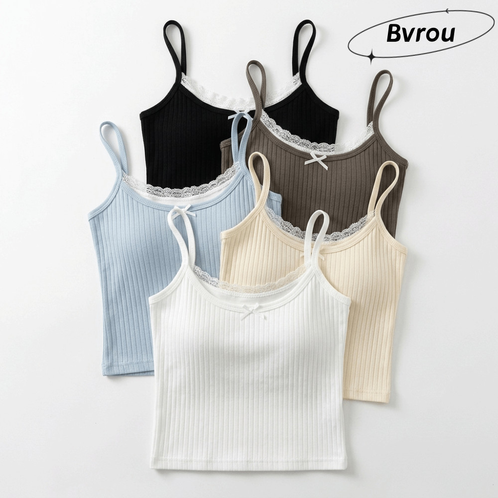 BVROU Spaghetti Dây Đeo Tank, Spaghetti Dây Gân Đan Ren Cami Top, Thời Trang Không Tay Màu Trơn Viền