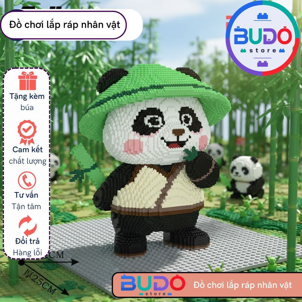 Đồ chơi xếp hình gấu trúc đội nón lá cầm tre 50cm kungfu panda đồ chơi lắp ráp nano 3d magic block c