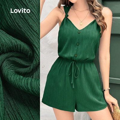 Lovito Jumpsuit phong cách thường ngày có nút phía trước xếp ly mùa xuân/hè màu xanh lá đậm cho nữ L177ED047