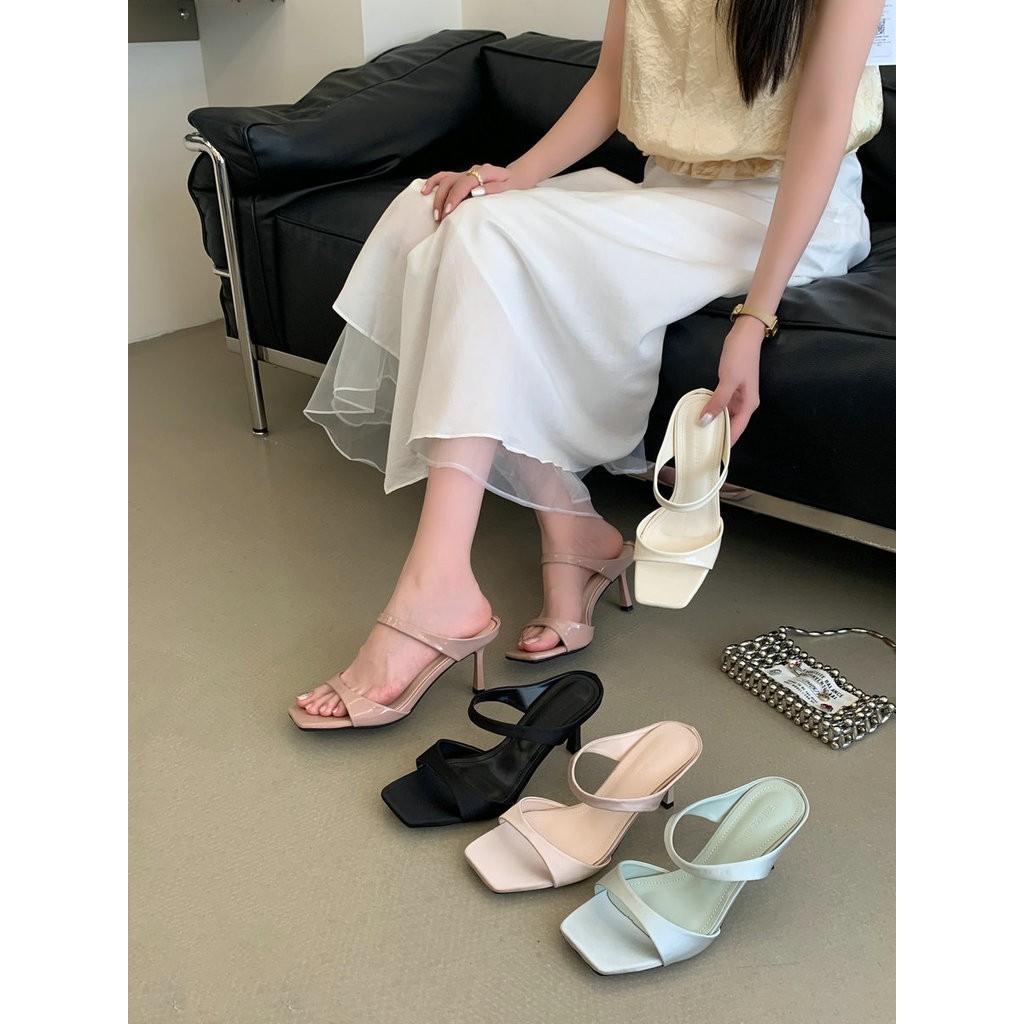 【Lamode】Thời Trang Nữ Giày Vuông Ngón Chân Đế Giày Sandal Nữ Khỏa Thân Bằng Sáng Chế Da Bên Ngoài Mặ