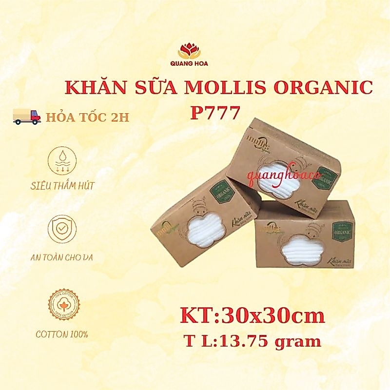 Khăn Sữa  Mollis cho Bé Hộp 10 khăn xô, khăn sữa Organic cotton Mollis P777 siêu mềm mịn kháng khuẩn