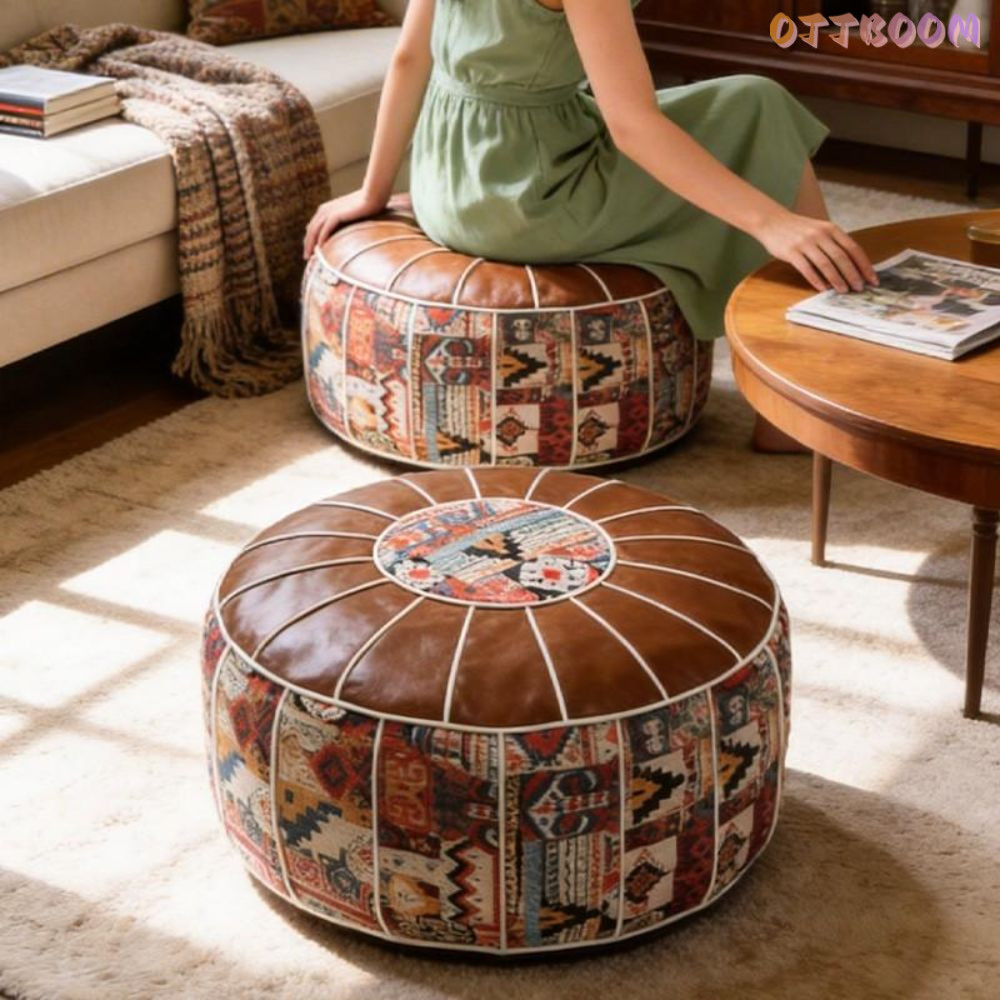 XLNWO Ottoman Pouf, Mở Lớn Thiết Kế Lấp Lánh Nắp Chân, Da PU Chống Nước Họa Tiết Boho Tròn Pouf Bao 