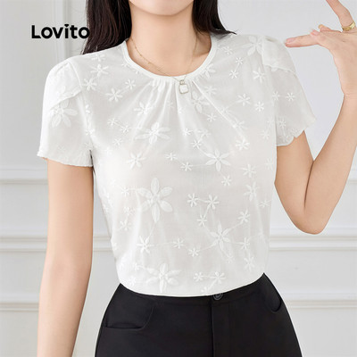 (thanh lịch)Lovito Áo sơ mi nữ nhẹ nhàng họa tiết lỗ thêu ren xuân/hè màu trắng L154ED131