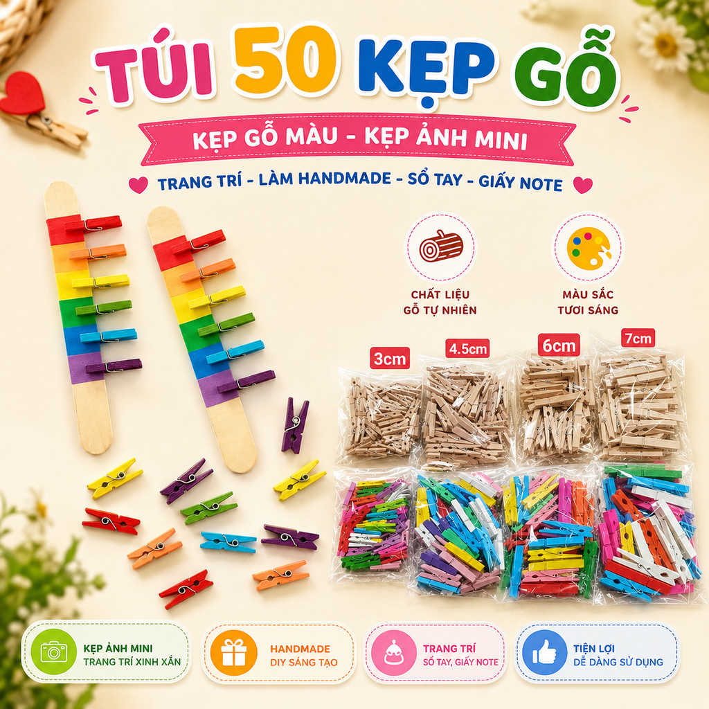 Túi 50 kẹp gỗ, kẹp gỗ màu, kẹp ảnh mini trang trí, làm handmade, trang trí sổ tay, giấy note