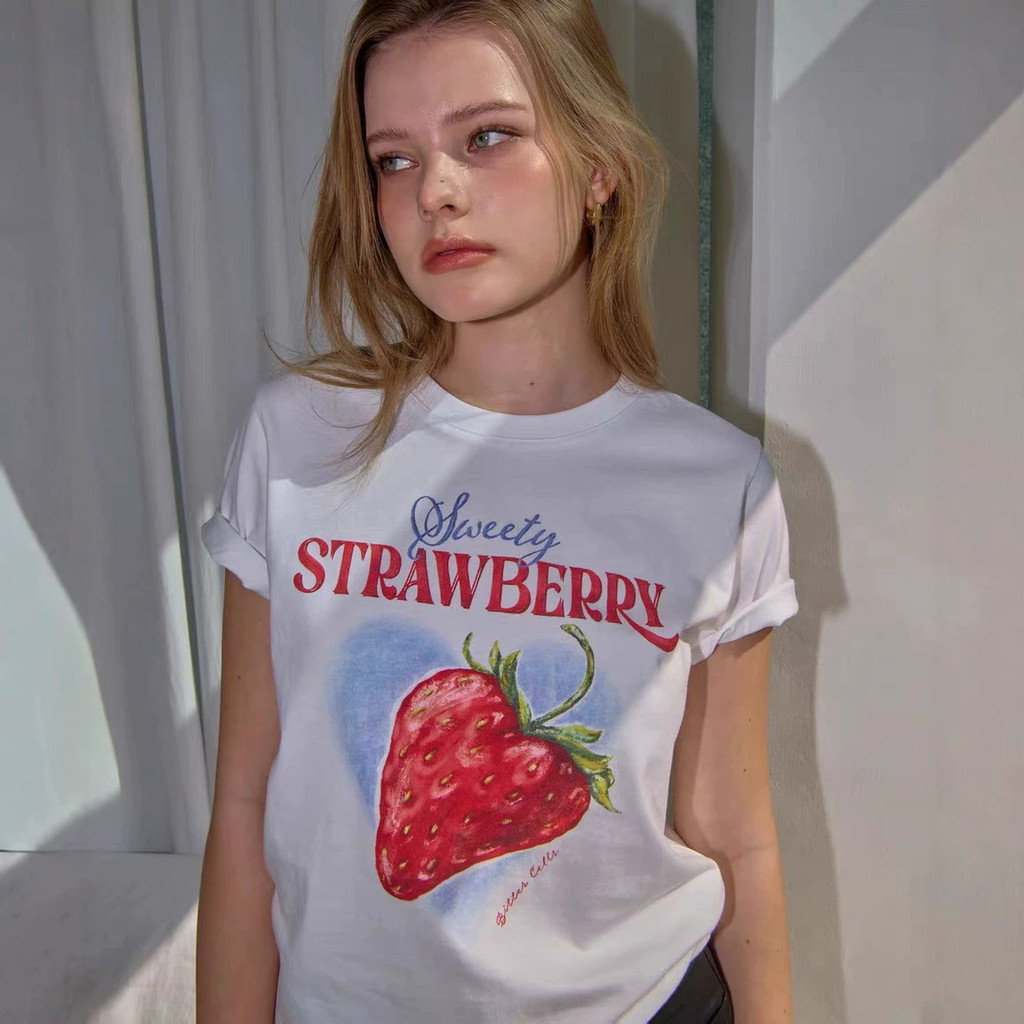 GOIM Jimo26New Summer Strawberry Letter Print T Loose-fitting round-neck short-sleeve shirt for wome