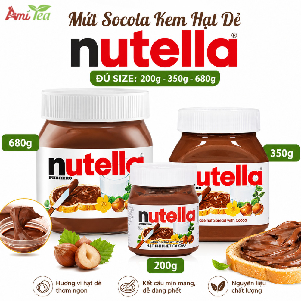 Mứt Socola Kem Hạt Dẻ Nutella Đủ Size 200g Đến 680g, Nhập Khẩu Đức Phết Bánh Mì Làm Bữa Sáng