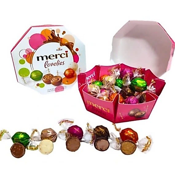 Kẹo socola hộp màu tím- Socola Merci lovelies hộp bát giác 185g