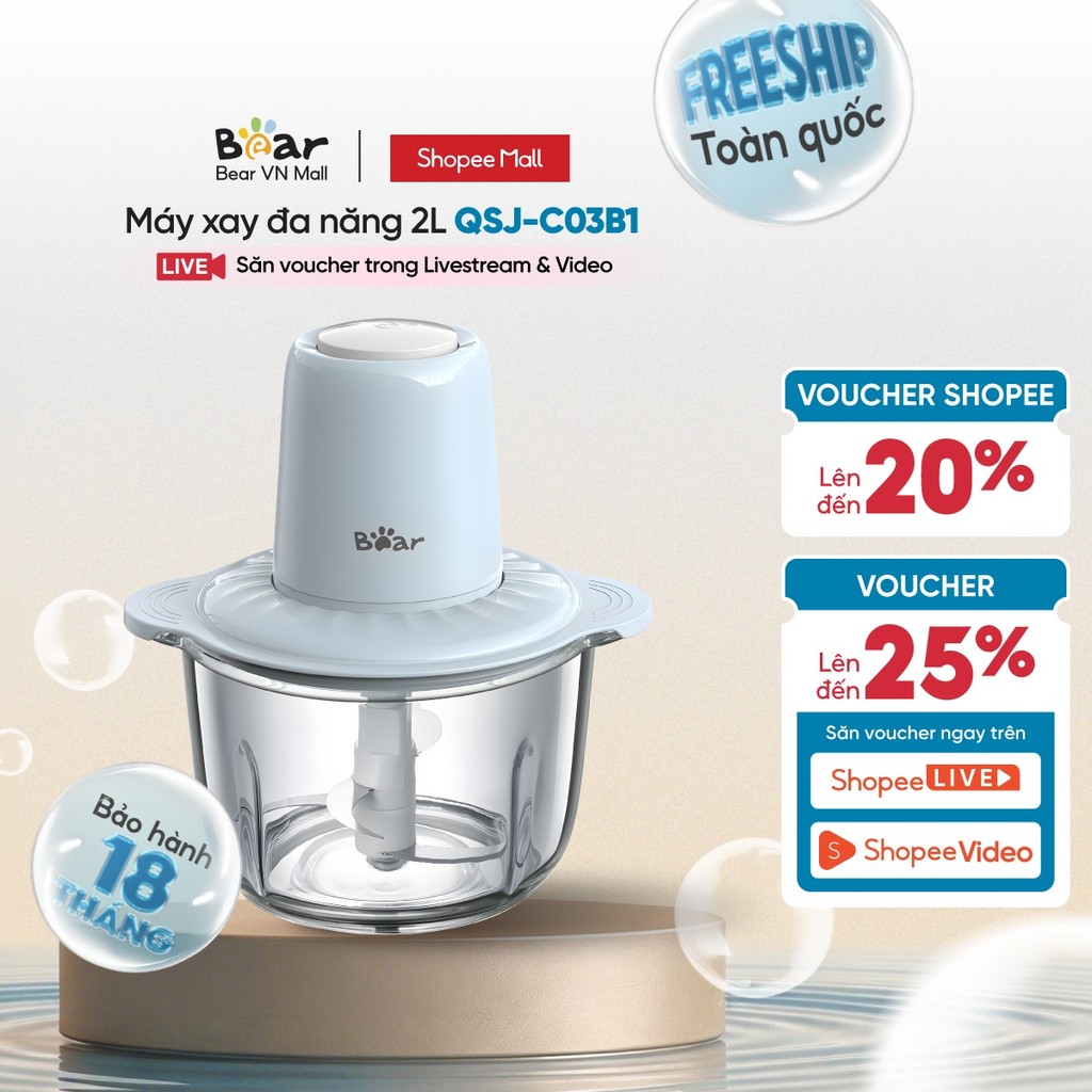 [VHL x Bear] Máy xay thực phẩm đa năng 2L Bear QSJ-C03B1 - Chính hãng