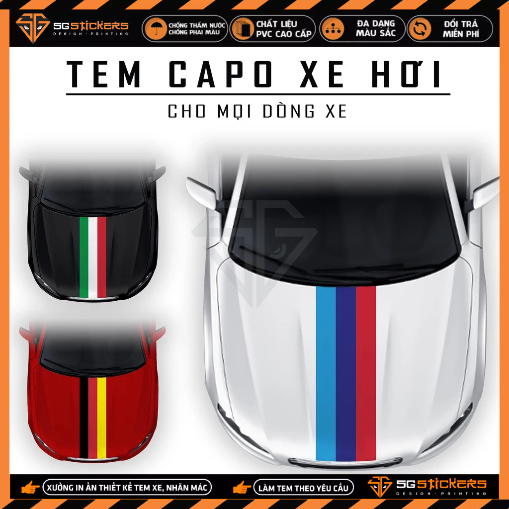 Tem Dán Nắp Capo Xe Ô Tô Thiết Kế Cờ Italy, Đức, Pháp, Performance | TCPOT-07 | Decal Dán Nắp Capo X