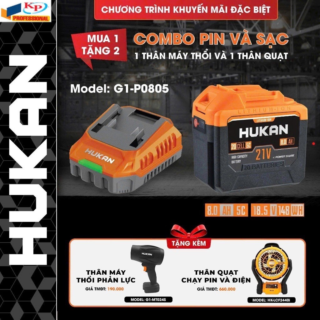 Pin máy khoan HUKAN 8A, Combo Pin+Sạc HUKAN G1-P0805+ 2  máy khủng TT Kim phát  HUKAN