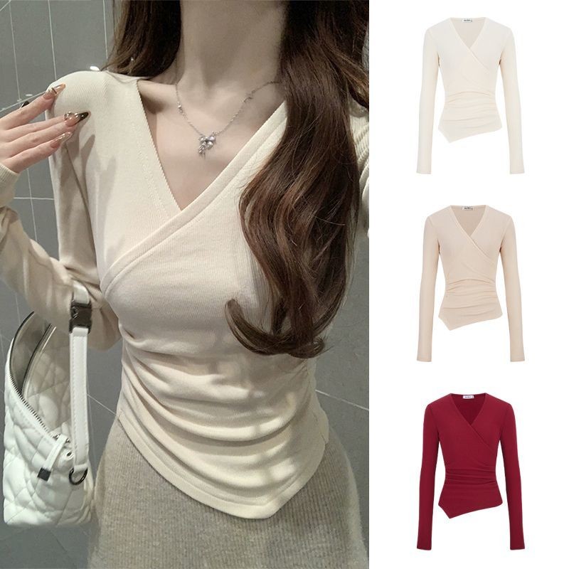 Moses Queen Moses Queen Pure Desire Cross V-cổ dài tay viền thiết kế không đều Slim-Fit Top